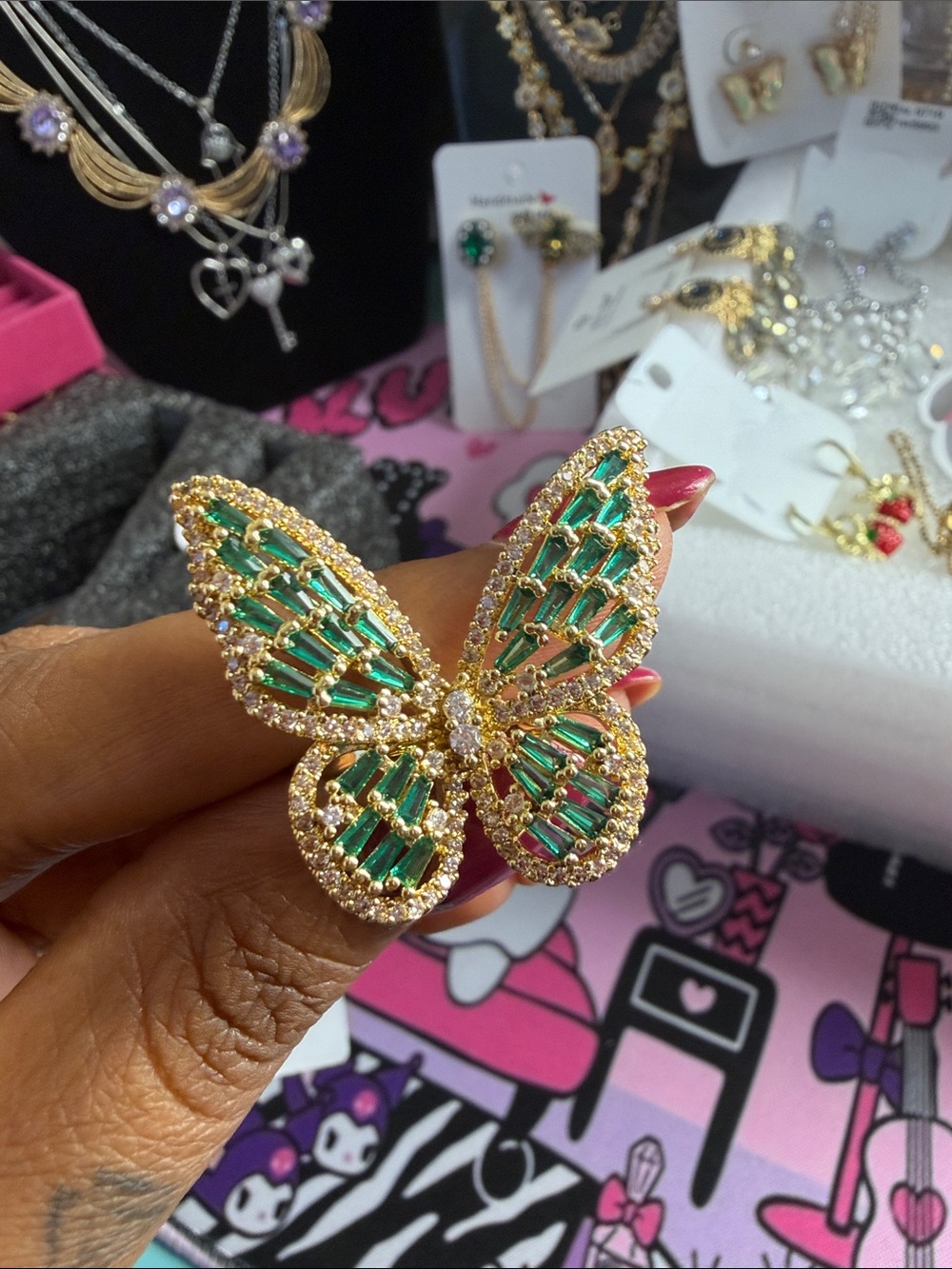 Gold Butterfly Ring with Green Crystal Accents